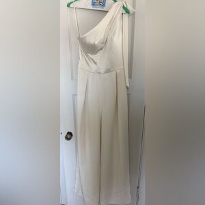 Amsale Ivory White One-Shoulder Satin Jumpsuit Size 10 Perfect for Bridal
